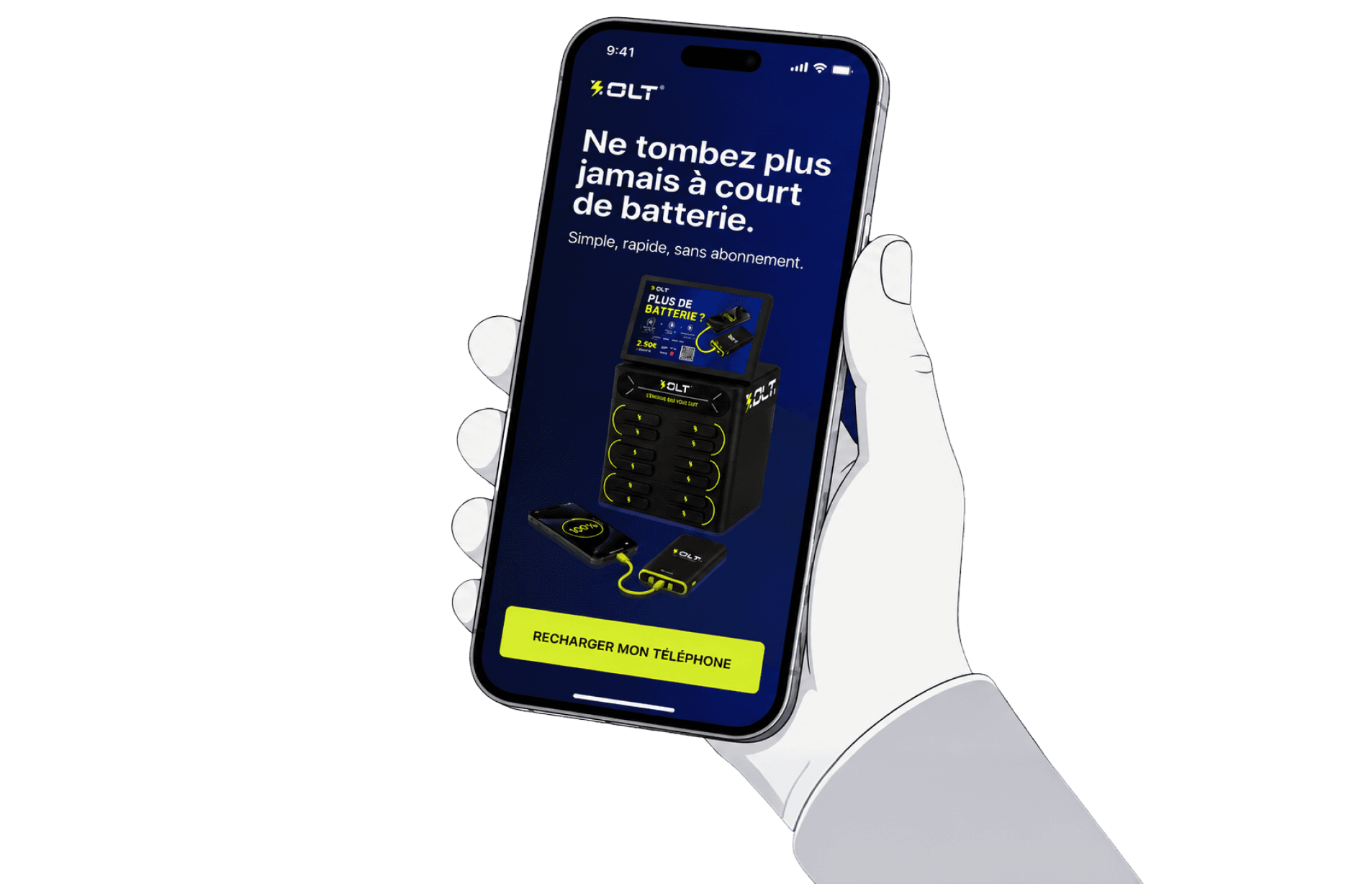 Main tenant un smartphone affichant l'application XOLT pour la location de batteries